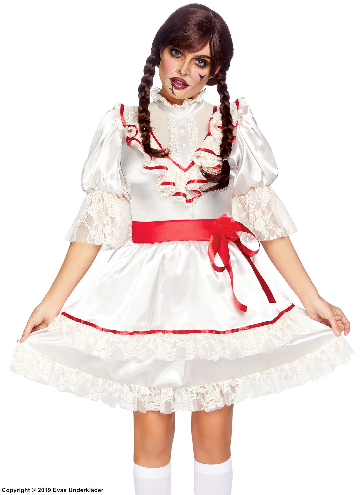 Annabelle doll, costume dress, lace trim, ruffles, sash